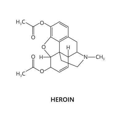 Eroin uyuşturucu molekülü, opioid narkotiğin formülü ve kimyasal yapısı, vektör modeli. Sentetik uyuşturucu eroini veya diasetilmorfin, yasaklanmış uyarıcı ve psikoaktif madde moleküler yapısı