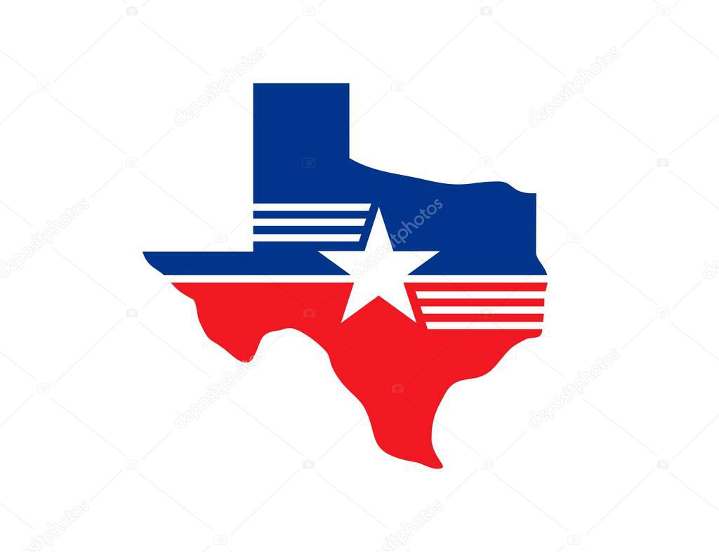 Texas state symbol, map icon, features a prominent lone star, symbolizing unity and the independent spirit of american usa state, silhouette of Texas distinctive map outline in red and blue color