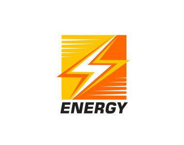 Elektrik enerji ikonu stilize dinamik yıldırım ya da flaş içeriyor. Kırmızı ve turuncu renklerde izole vektör amblemi gücü, aküyü, verimliliği ve modern elektrik çözümlerini sembolize eder.