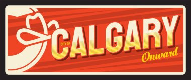 Calgary şehri, Alberta eyaletinin Kanada kenti. Vektör seyahat plakası, antika teneke tabela, geçmişe dönük hoş geldin kartı tasarımı. Bayrak ve slogan taşıyan plaket, turist kartı.