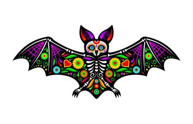 Ölü kafatasının Meksikalı yarasa hayvan dövmesi günü. Yayılmış kanatları ve karmaşık çiçek desenleri olan vektör fisket fare iskeleti, geceyi sembolize eder, yaşam ve ölüm döngüsünü ve hatıralar.