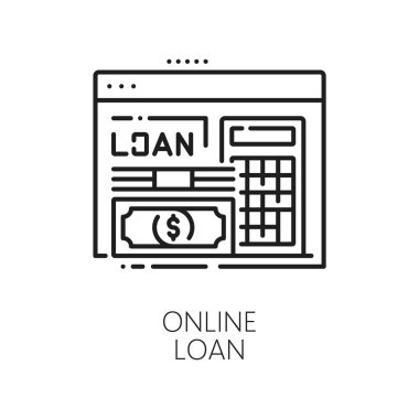 Fintech, internet bankacılığı, internet taslak ikonunda borç para. İş yatırımı, kripto para birimi ödemesi veya internet finans kredisi hesap makinesi ve para faturaları yığınlı doğrusal vektör sembolü