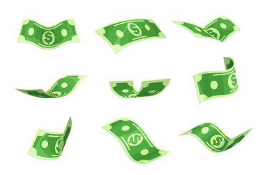 Çizgi film para banknotları ya da dolar nakit para, vektör kağıt para birimi. Kumarhane ikramiyesi için dolar işaretli yüzen yeşil banknotlar, zengin servet ve finansal başarı veya maaş kazanma