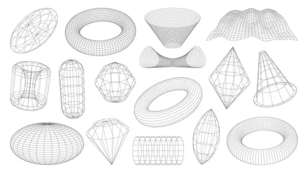 Wireframe Shapes Brutal Tech Grids Retro Perspective Mesh Vector Elements Vettoriale Stock