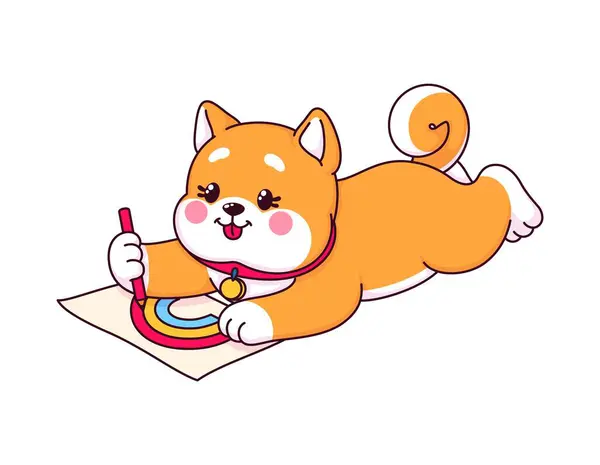 Cute Japoński Kawaii Shiba Inu Szczeniak Rysunek Ołówkiem Izolowany Wektor Grafika Wektorowa