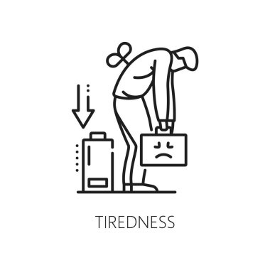 Tiredness line icon of anemia symptom and physical disease, vector hematology. Tired or exhausted man with low energy battery outline sign of anaemia blood disorder, hemoglobin lack, oxygen decrease clipart