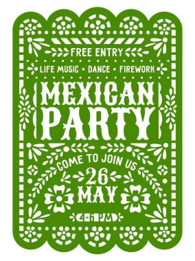 Mexican party flyer or papel picado paper cut banner for fiesta event, vector template. Mexican party entertainment invitation flyer of papel picado background with paper cut flowers pattern clipart