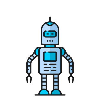 Oyun fütüristik droidi, retro robot, uzaylı insansı sanal robot ince çizgi renk ikonu. Endüstriyel makine insansı robot, otomatik pilot yapay zeka robotu veya uzaylı cyborg ana hat vektör sembolü