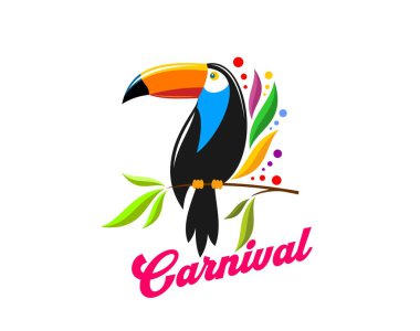 Toucan 'lı Brezilya karnaval ikonu. Rio karnaval eğlence etkinliği samba dansı ve latin müzik izole vektör işareti ile tropikal tukan veya renkli tüyleri ve konfeti ile tukanet kuşu