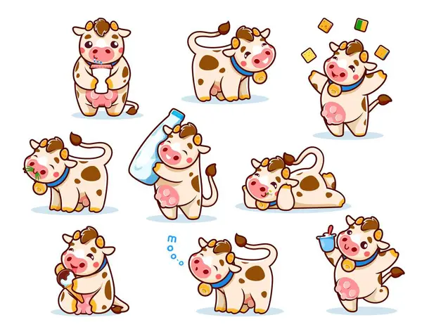 Cartoon Cute Cow Characters Milk Happy Animals Dairy Farm Vector Лицензионные Стоковые Иллюстрации
