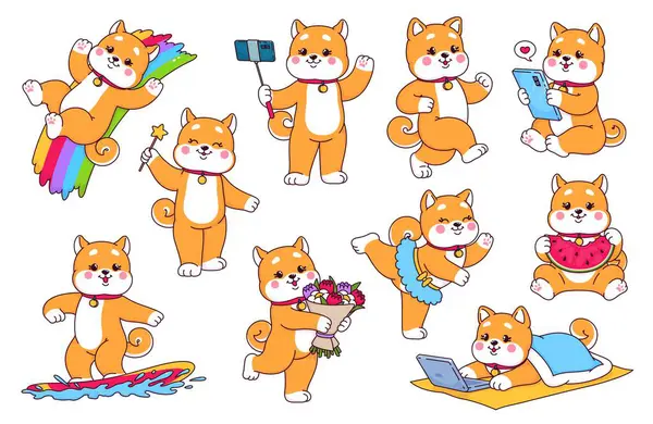 Cartoon Japanese Happy Shiba Inu Puppy Dog Characters Cute Kawaii Стоковая Иллюстрация