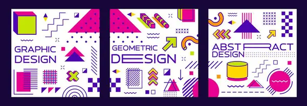 Abstrakt Geometrisk Kvadrat Memphis Bannere Med Minimale Linje Figurer Figurer Royaltyfrie stock-illustrationer