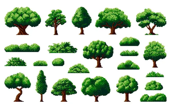 8Bit Skog Pixelträd Och Buskar För Arkad Speltillgångar Vektor Naturelement Royaltyfria Stockvektorer