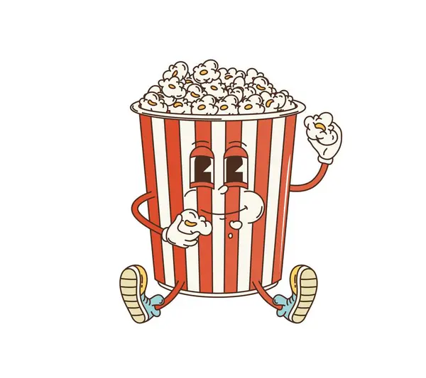 Cartoon Retro Groovy Popcorn Bucket Character Vector Funny Comic 70S Векторная Графика
