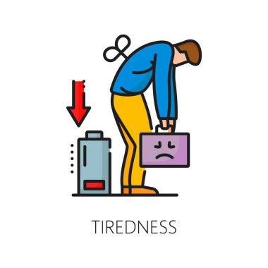 Hematology, anemia disease tiredness symptom color line icon. Cardiovascular disease diagnose, cardiology or hematology anemia symptom linear vector sign with tired man, low energy battery clipart