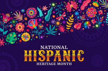 Ulusal İspanyol kökenli, tropik çiçek süsleme desenli, vektör arkaplanlı bir ay pankartı. Latin Amerika kültür bayramı ya da etnik çiçeklerle süslenmiş gelenek ve sanat festivali