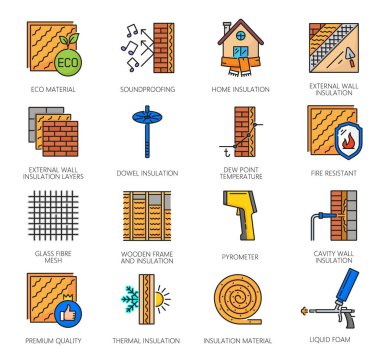 Wall thermal insulation icons, mineral wool and tools for house construction and building, outline vector. Home walls insulation, heat and cold weather protection and soundproof material layers clipart