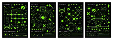 Asit vahşi y2k posterleri vektör geometrik şekiller ve soyut grafik elementler. Yıldızlı, gezegenli ve güneşli neon yeşil çizgi desenli fütüristik figürler, kablo şebekesi şekilleri ve şekilleri