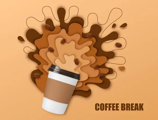 Κομμένο Χαρτί Καφέ Πανό Splash Ποτό Και Κόκκους Καφέ Ρεαλιστική — Διανυσματικό Αρχείο