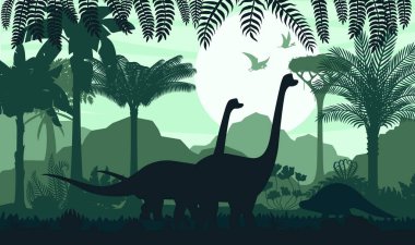 Tropikal ormanda tarih öncesi dinozor siluetleri. Yükselen güneşe karşı gökyüzünde uçan Pterozor 'larla yemyeşil Jurasik bitki örtüsü arasında yürüyen brachiosaurus dino karakterlerinin yer aldığı vektör sahnesi