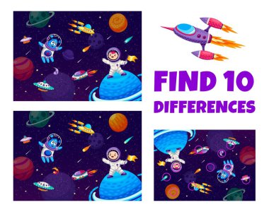 Çocuklar galaksi uzayı manzarasında 10 farklılık bulmak için oyun oynarlar, vektör çalışma tablosu sınavı. Uzaylı UFO uzay aracı ve uzay gemisi olan astronot çocukla 10 farklı oyun bul.