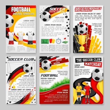Almanya 2024 Euro futbol kupası posterleri. Futbol temalı renkli şablonlar, futbol topları, çimenler, kupa ve takım oyuncuları. Yerleşim yerleri spor etkinlikleri, kulüpler ve şampiyonlukları teşvik eder