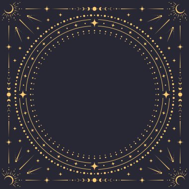 Gök kubbe kare. Yıldızlar, aylar, güneşler ve noktalı boho desenleriyle donatılmış eşmerkezli altın çember kenarlı vektör süsleme arka planı. Evrensel, kozmik, astroloji ve esrarengiz uzay çerçevesi