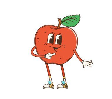 Eski moda bir kırmızı elma karakteri, y2k, hippi havası var. İzole edilmiş karikatür vektörü olgun meyve yemeği kişiliği. Sağlıklı ve eğlenceli elma kaprisli spor ayakkabılar ve gülümseme, eğlendirici.