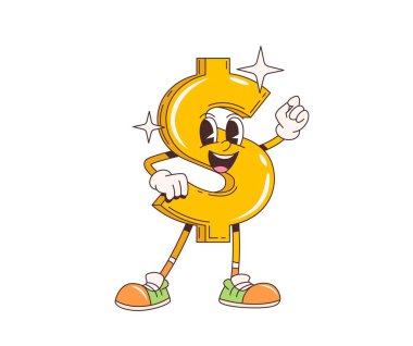 Çizgi film modası geçmiş dolar işareti karakteri. İzole vektör funky altın para birimi sembolü finansal şahsiyet. Tasarruf, yatırım, bütçe, saykodelik 60 'lı yılların havası parlıyor ve gülümsüyor.