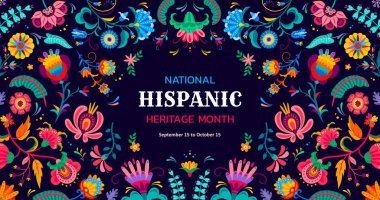 Tropical flowers ornament, national Hispanic heritage month vector banner with ethnic pattern. Hispanic Americans and Latin culture holiday or festival of tradition with colorful floral art ornament clipart