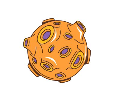 Retro süper uzay gök cisimleri. Dairesel kraterleri ve turuncu ve mor renkleri olan izole vektör ayı ya da asteroit 1960 'ların oluğu ve bilim kurgu titreşimini çağrıştırıyor. Tarz sahibi, geçmişe dönük yabancı gezegen