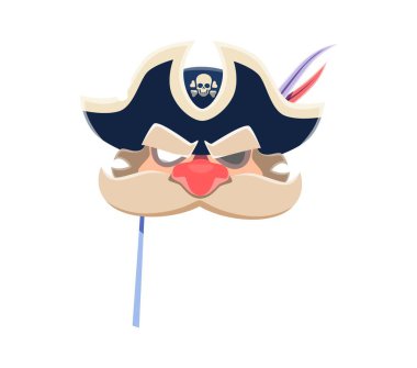 Pirate carnival photo booth mask. Cartoon photobooth costume, props. Isolated vector corsair disguise with eye patch, tricorn hat, mustaches, and a playful, nautical flair, for swashbuckling snapshots clipart