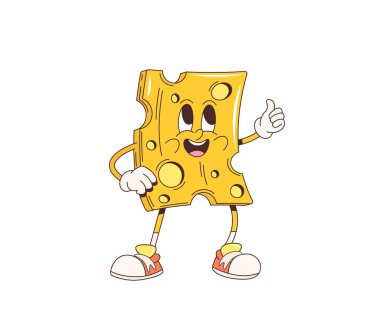 Komik yüzlü, baş parmağı havada, komik gülüşlü, modası geçmiş çizgi film karakteri. Olumlu duygu emojisi ve yemek simgesi için yüzünde mutlu bir gülümseme ve delikli harika bir çizgi film.