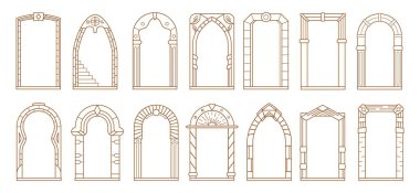 Art deco kemer çerçeve, kavis, kapı veya sınır vektörü ayarlandı. Boho tarzında süslü kemer yolları ve kapı aralıkları. Mimari, dekoratif sütunlarla kemerli girişler ve temiz bir çizgi sanat tarzında desenler