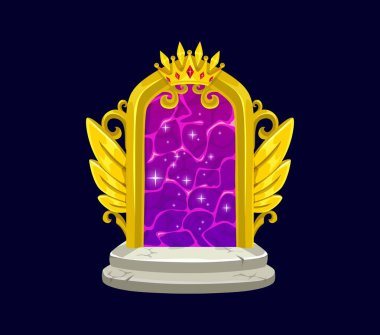 Fantezi peri masalı sihirli kapı. Mor enerji plazma ışığı çerçeveli, kanatları ve tacı olan karikatür vektör mistik tüneli. Zamanda yolculuk kapısı, kapı aralığı ve kapı aralığı