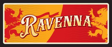 İtalyan şehri Ravenna, bayrak ve kurdeleli eski bir plaket, kükreyen aslan hayvanı. Vektör seyahat plakası, antika teneke tabela, geçmişe dönük hoş geldin kartı tasarımı. Avrupa ülke turundan bir hatıra.