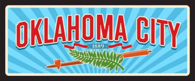 Oklahoma City, Amerika Birleşik Devletleri. Vector seyahat plakası, klasik teneke tabela, retro kartpostal tasarımı. Kurdeleli, çiçek dallı ve OKC sembollü eski bayrak veya hatıra plaketi