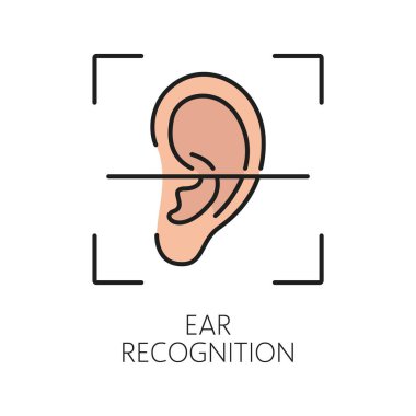 Biyometrik tanımlama, kulak tanıma ya da doğrulama ikonu. Kimlik biyometrik doğrulama, imza güvenlik teknolojisi veya kimlik tanıma rengi insan kulağına sahip ince çizgi vektör sembolü veya simgesi