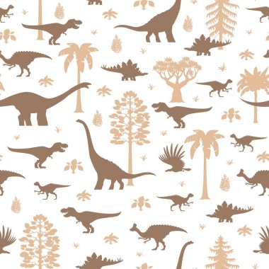 Tarih öncesi dinozorlar kusursuz bir model. Eski bitki ve ağaçlarla birlikte çeşitli dinozor siluetleri içeren vektör döşeme arkaplanı duvar kağıdı, tekstil ve ambalaj kağıdı için yumuşak toprak tonlarında.