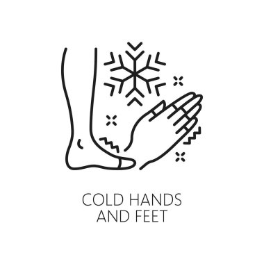 Soğuk eller ve ayak çizgisi ikonu, vektör anemi semptomu, fiziksel hastalık ve hematoloji ilacı. El ve bacağında titreme ve kar işareti olan vektör çizgisi. Kansızlık, soğukluk ve uzuvların uyuşukluğu.