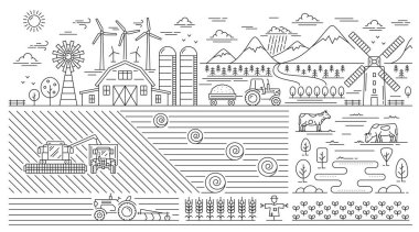 Eko köyü, tarım çiftliği arazisi. Vektör doğrusal monokrom alanları, yel değirmenleri, hayvanlar, bahçeler, hangarlar, binalar, ahırlar, tarım makineleri. Çayırlı ve otlaklı tarım sahnesi