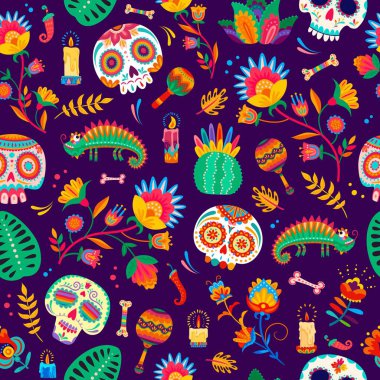 Meksika Ölü Günü, Dia De Los Muertos tatili kusursuz. Tekstil Meksika kültürü baskısı, Ölü Bayram kutlamaları şekeri, kaktüs, bukalemun, mum ve çiçeklerle dolu.