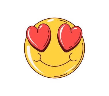 Retro y2k harika aşk emojisi ve kırmızı kalp şeklinde gözleri var. İzole edilmiş çizgi film vektörü parlak sarı ifade neşeli ve sevgi dolu bir ifadeyi somutlaştırıyor, sevgi, şefkat ve mutluluk duygularını iletiyor.
