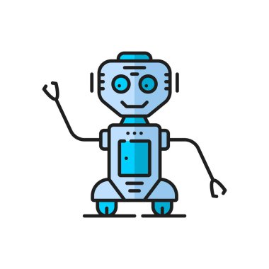 Oyun retro sanal robot, fütürist robot, uzaylı insansı droid lineer renk ikonu. Endüstriyel makine insanımsı android, yapay zeka robotu ya da uzaylı cyborg, antika robot ana hat vektör işareti