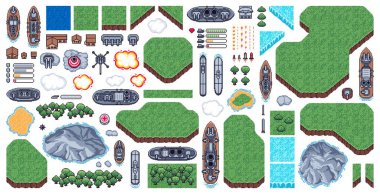 8 bit piksel donanma oyun varlığı, deniz savaşı ve üst düzey oyun elemanları vektörü seti. Gemi, denizaltı, uçak, su, çimen ve ağaç. Patlamalar, sağlık çubuğu, mermi ve füze, bulutlar, kayalar