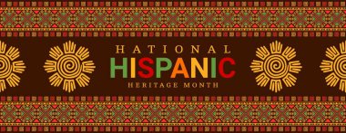 Ulusal İspanyol kökenli ay pankartı, güneş Aztek totemi, vektör arkaplan. İspanyol Amerikalılar ve Latin kültür bayram festivali Maya ve Aztek etnik miras sanatı