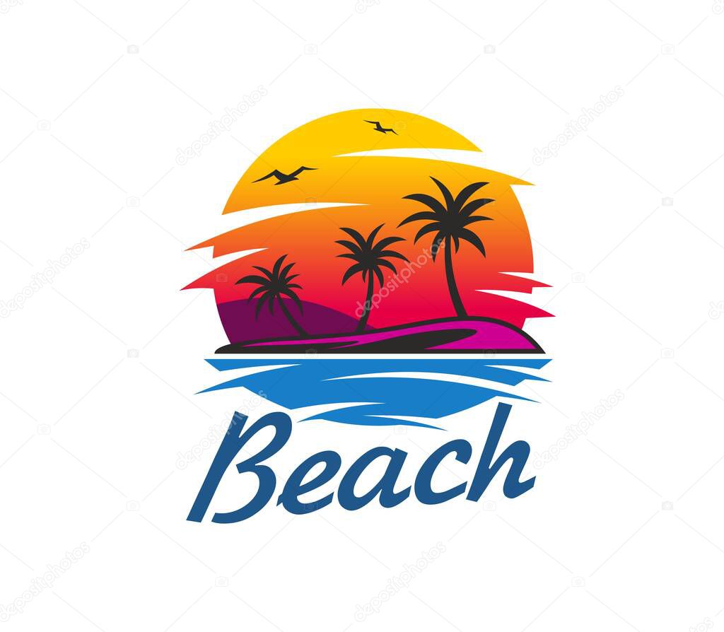 Summer tropical island beach, palm trees and seagulls in sunrise or sunset, vector emblem. Paradise island badge with sea or ocean waves, palms and flying seagulls silhouette in seascape mountains