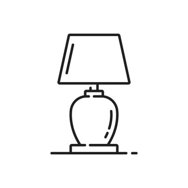 Yatak odası lambası, elektrik feneri, halojen ışık çizgisi ikonu. Yatak odası lambası, ofis içi ışık veya elektrik avizesi ince çizgi vektör ikonu. Ev masaüstü lambası doğrusal piktogram veya imzası