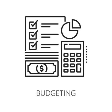 Finansal analiz için bütçe ikonu, bütçe muhasebesi ve vergi geliri, çizgi vektörü. Para, hesap makinesi ve gider raporu veya analitik finans yönetimi, pazarlama ve bankacılık iş dünyası simgesi