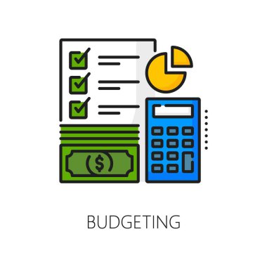 Vektör parası, hesap makinesi ve bütçe planıyla renk bütçesi simgesi. Finansal analiz, muhasebe ve planlama sembolü dolar banknotları, gelir ve gider pasta tablosu, ticari bütçe